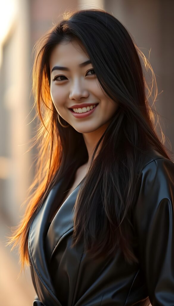a 20-something woman with long, flowing dark hair, exuding confidence and elegance. She's elegantly dressed in a sleek, black leather trench coat that accentuates her feminine figure. Her delicate East Asian features are beautifully highlighted by the warm, golden lighting, casting a soft glow on her joyful smile.
