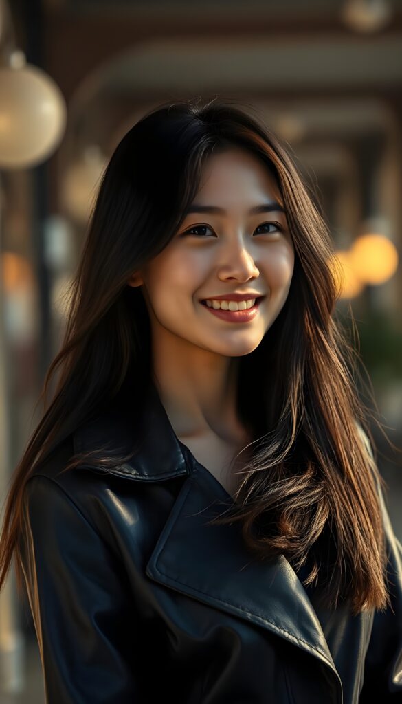 a 20-something woman with long, flowing dark hair, exuding confidence and elegance. She's elegantly dressed in a sleek, black leather trench coat that accentuates her feminine figure. Her delicate East Asian features are beautifully highlighted by the warm, golden lighting, casting a soft glow on her joyful smile.