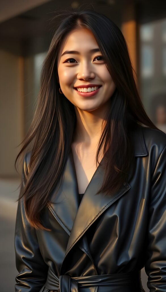 a 20-something woman with long, flowing dark hair, exuding confidence and elegance. She's elegantly dressed in a sleek, black leather trench coat that accentuates her feminine figure. Her delicate East Asian features are beautifully highlighted by the warm, golden lighting, casting a soft glow on her joyful smile.