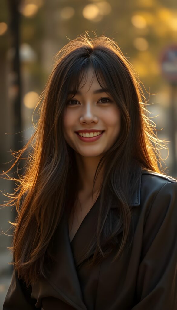 a 20-something woman with long, flowing dark hair, exuding confidence and elegance. She's elegantly dressed in a sleek, black leather trench coat that accentuates her feminine figure. Her delicate East Asian features are beautifully highlighted by the warm, golden lighting, casting a soft glow on her joyful smile.