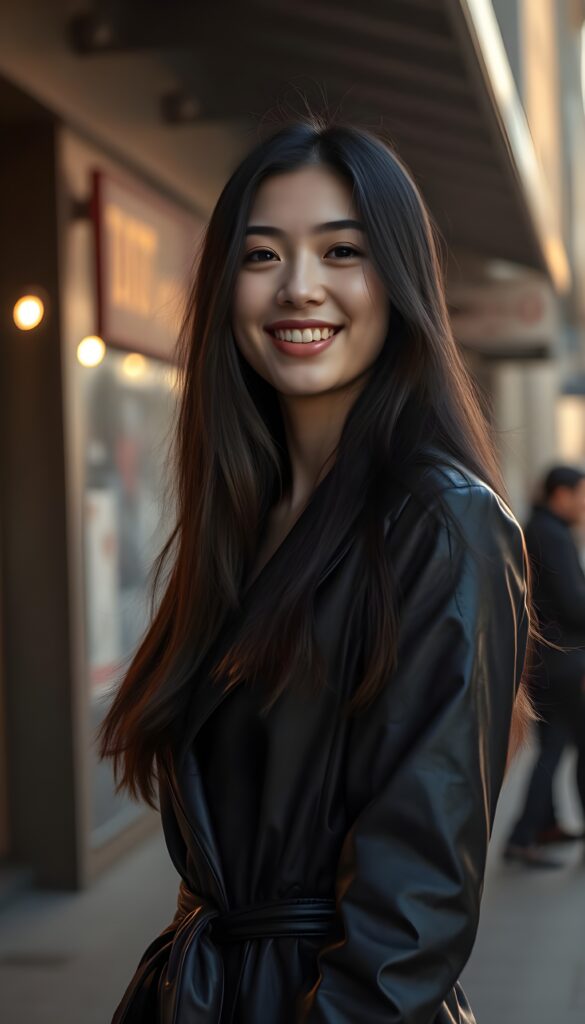 a 20-something woman with long, flowing dark hair, exuding confidence and elegance. She's elegantly dressed in a sleek, black leather trench coat that accentuates her feminine figure. Her delicate East Asian features are beautifully highlighted by the warm, golden lighting, casting a soft glow on her joyful smile.