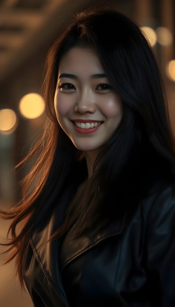 a 20-something woman with long, flowing dark hair, exuding confidence and elegance. She's elegantly dressed in a sleek, black leather trench coat that accentuates her feminine figure. Her delicate East Asian features are beautifully highlighted by the warm, golden lighting, casting a soft glow on her joyful smile.