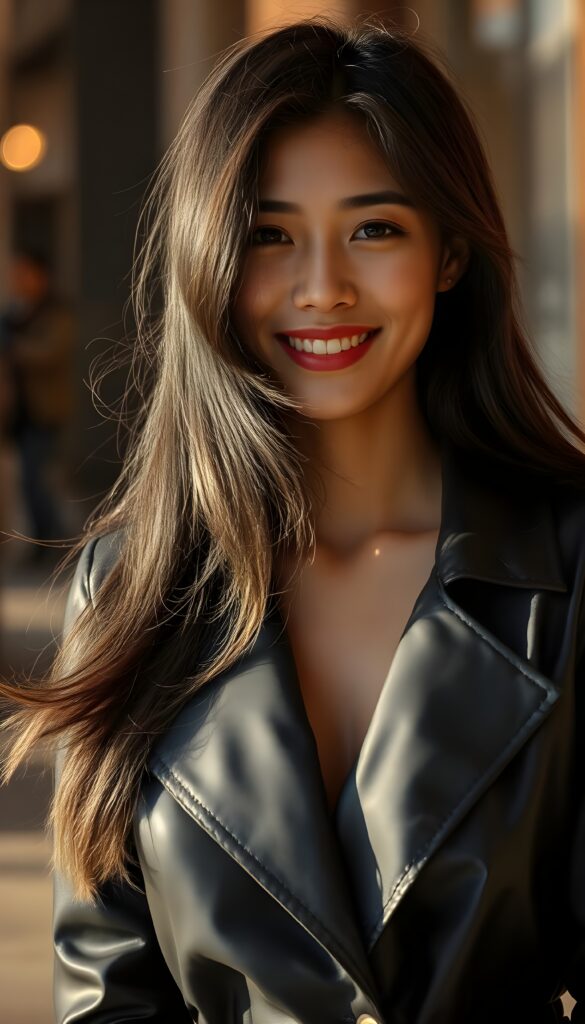 a 20-something woman with long, flowing dark hair, exuding confidence and elegance. She's elegantly dressed in a sleek, black leather trench coat that accentuates her feminine figure. Her delicate East Asian features are beautifully highlighted by the warm, golden lighting, casting a soft glow on her joyful smile.