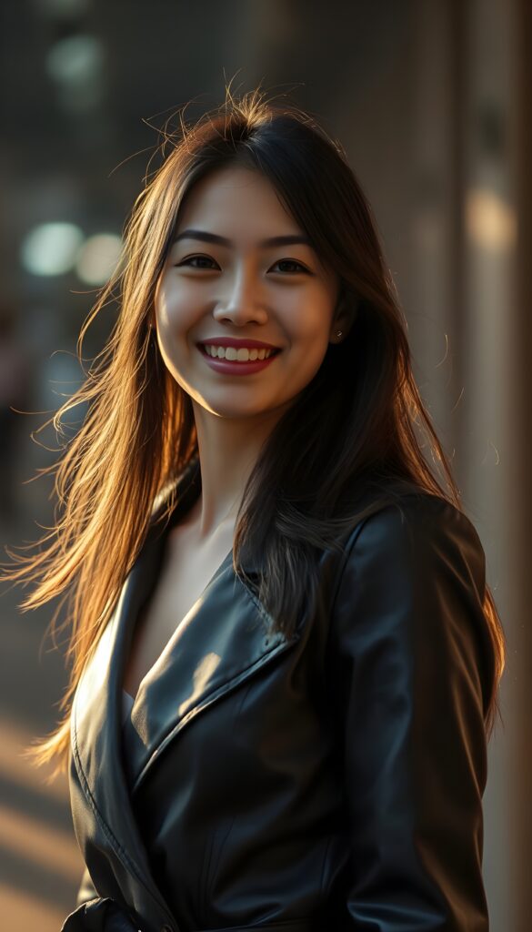 a 20-something woman with long, flowing dark hair, exuding confidence and elegance. She's elegantly dressed in a sleek, black leather trench coat that accentuates her feminine figure. Her delicate East Asian features are beautifully highlighted by the warm, golden lighting, casting a soft glow on her joyful smile.