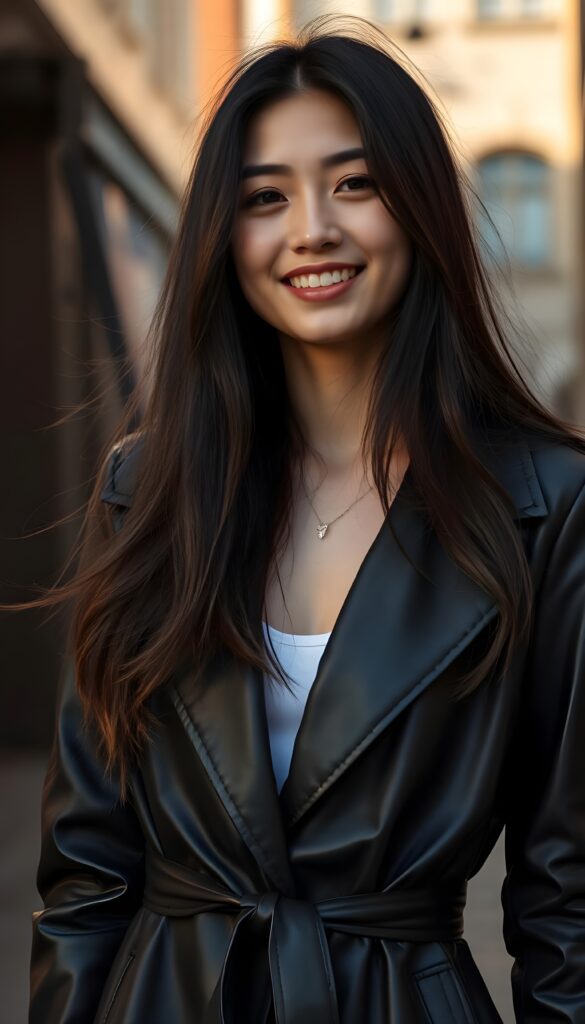 a 20-something woman with long, flowing dark hair, exuding confidence and elegance. She's elegantly dressed in a sleek, black leather trench coat that accentuates her feminine figure. Her delicate East Asian features are beautifully highlighted by the warm, golden lighting, casting a soft glow on her joyful smile.