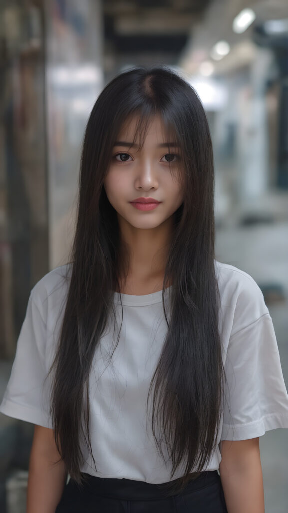 a (((Asian girl))) long straight jet black hair, with (((dark skin))), that give off a youthful vibe, dressed in a (((white t-shirt))), black mini skirt that complements her advanced features