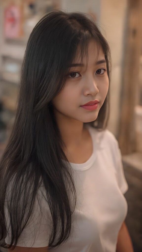 a (((Asian girl))) long straight jet black hair, with (((dark skin))), that give off a youthful vibe, dressed in a (((white t-shirt))), black mini skirt that complements her advanced features