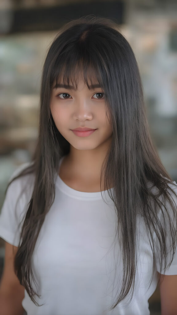 a (((Asian girl))) long straight jet black hair, with (((dark skin))), that give off a youthful vibe, dressed in a (((white t-shirt))), black mini skirt that complements her advanced features