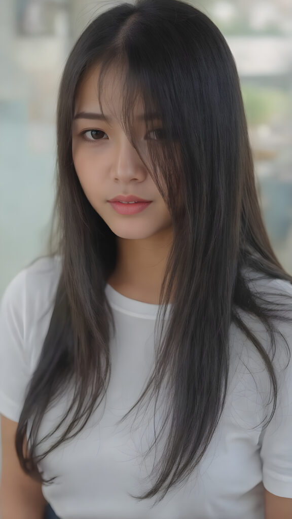 a (((Asian girl))) long straight jet black hair, with (((dark skin))), that give off a youthful vibe, dressed in a (((white t-shirt))), black mini skirt that complements her advanced features