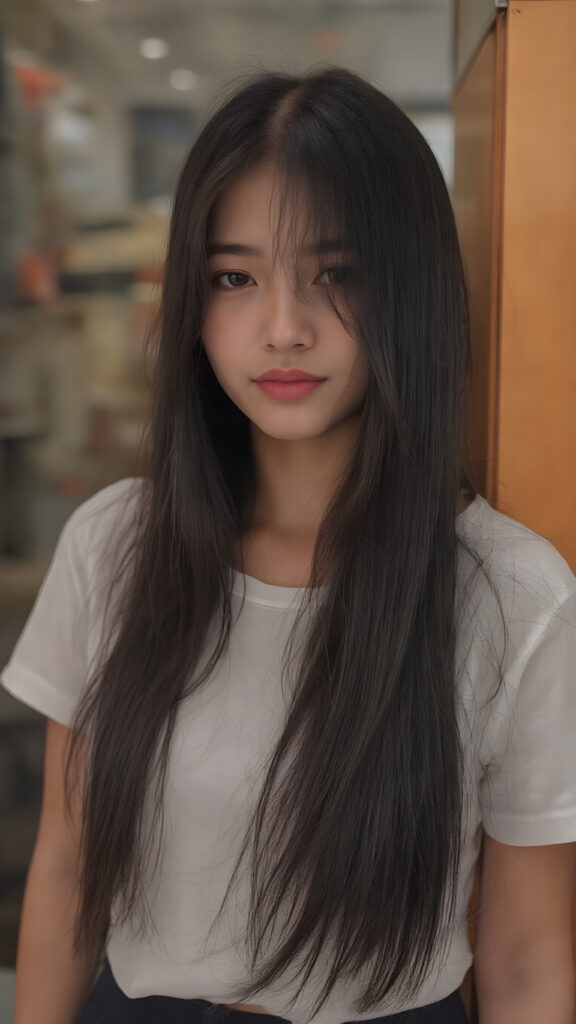 a (((Asian girl))) long straight jet black hair, with (((dark skin))), that give off a youthful vibe, dressed in a (((white t-shirt))), black mini skirt that complements her advanced features