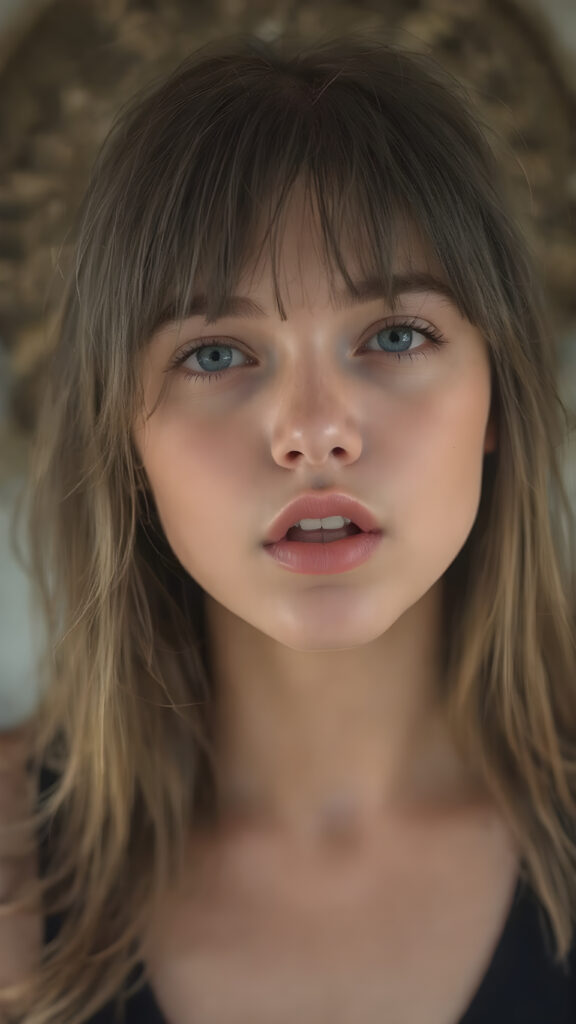 a (((Goddess of Love)) ((seductive look, seductive eyes)) (((super realistic, highly detailed, photography))), capturing a (((beautiful young busty teen girl))) with an extremely defined and detailed face, including (((perfect, detailed brown blond very soft straight hair falls down)), (((short, v-neck black tank top))).