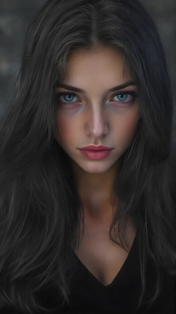 a (((Goddess of Love)) ((seductive look, seductive eyes)) (((super realistic, highly detailed, intricate photography))), capturing a (((beautiful young busty teen girl))) with an extremely defined and detailed face, including (((perfect, detailed obsidian black very long soft hair, bangs)), (((short, v-neck black tank top, mini skirt))) with (sharply contrasting, luxurious black and white details) (subtle yet intricate gothic details)