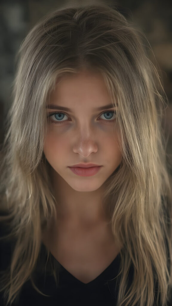a (((Goddess of Love)) ((seductive look, seductive eyes)) (((super realistic, highly detailed, photography))), capturing a (((beautiful young busty teen girl))) with an extremely defined and detailed face, including (((perfect, detailed brown blond very soft straight hair falls down)), (((short, v-neck black tank top))).