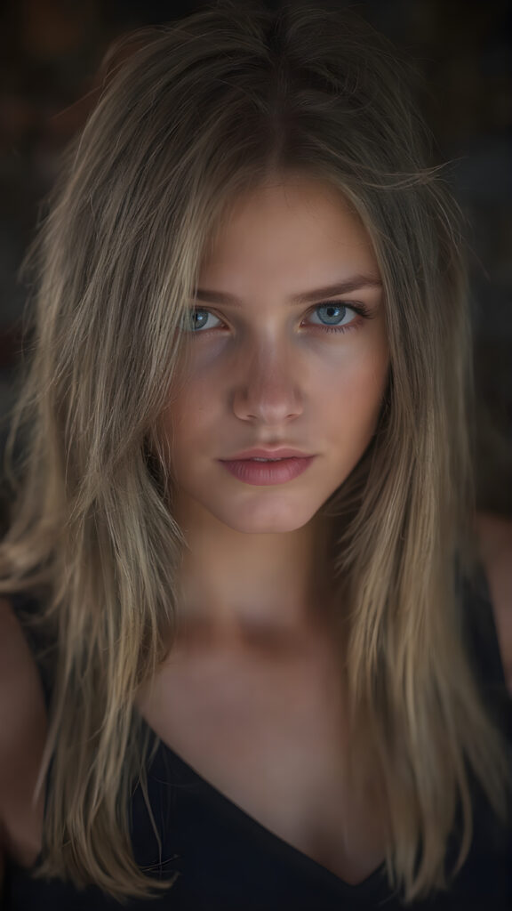 a (((Goddess of Love)) ((seductive look, seductive eyes)) (((super realistic, highly detailed, photography))), capturing a (((beautiful young busty teen girl))) with an extremely defined and detailed face, including (((perfect, detailed brown blond very soft straight hair falls down)), (((short, v-neck black tank top))).