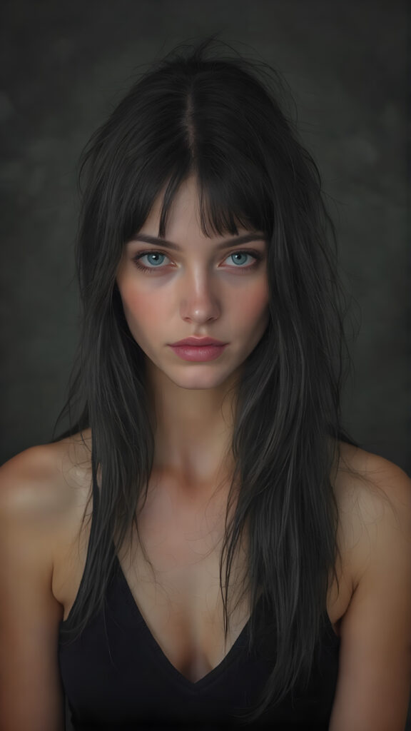 a (((Goddess of Love)) ((seductive look, seductive eyes)) (((super realistic, highly detailed, intricate photography))), capturing a (((beautiful young busty teen girl))) with an extremely defined and detailed face, including (((perfect, detailed obsidian black very long soft hair, bangs)), (((short, v-neck black tank top, mini skirt))) with (sharply contrasting, luxurious black and white details) (subtle yet intricate gothic details)