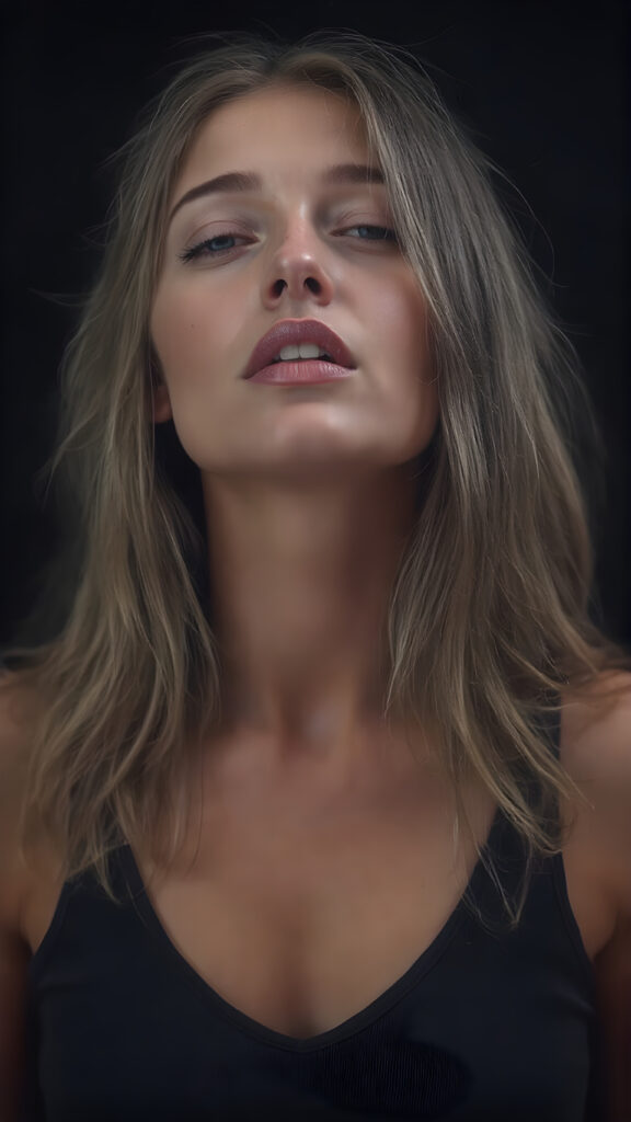 a (((Goddess of Love)) ((seductive look, seductive eyes)) (((super realistic, highly detailed, photography))), capturing a (((beautiful young busty girl))) with an extremely defined and detailed face, including (((perfect, detailed straight jet white blond hair falls down to her back)), (((short cropped black tank top, deep v-neck))), perfect body, wide open mouth, looks up, full closed eyes