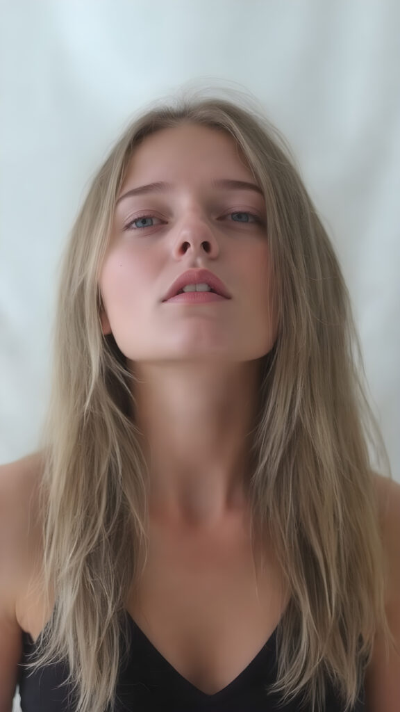 a (((Goddess of Love)) ((seductive look, seductive eyes)) (((super realistic, highly detailed, photography))), capturing a (((beautiful young busty girl))) with an extremely defined and detailed face, including (((perfect, detailed straight jet white blond hair falls down to her back)), (((short cropped black tank top, deep v-neck))), perfect body, wide open mouth, looks up, full closed eyes