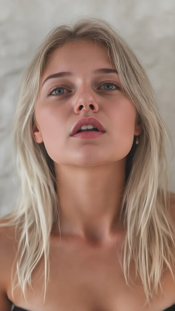 a (((Goddess of Love)) ((seductive look, seductive eyes)) (((super realistic, highly detailed, photography))), capturing a (((beautiful young busty girl))) with an extremely defined and detailed face, including (((perfect, detailed straight jet white blond hair falls down to her back)), (((short cropped black tank top, deep v-neck))), perfect body, wide open mouth, looks up, full closed eyes