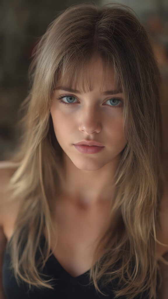 a (((Goddess of Love)) ((seductive look, seductive eyes)) (((super realistic, highly detailed, photography))), capturing a (((beautiful young busty teen girl))) with an extremely defined and detailed face, including (((perfect, detailed brown blond very soft straight hair falls down)), (((short, v-neck black tank top))).