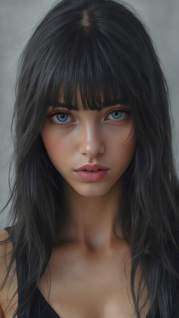 a (((Goddess of Love)) ((seductive look, seductive eyes)) (((super realistic, highly detailed, intricate photography))), capturing a (((beautiful young busty teen girl))) with an extremely defined and detailed face, including (((perfect, detailed obsidian black very long soft hair, bangs)), (((short, v-neck black tank top, mini skirt))) with (sharply contrasting, luxurious black and white details) (subtle yet intricate gothic details)