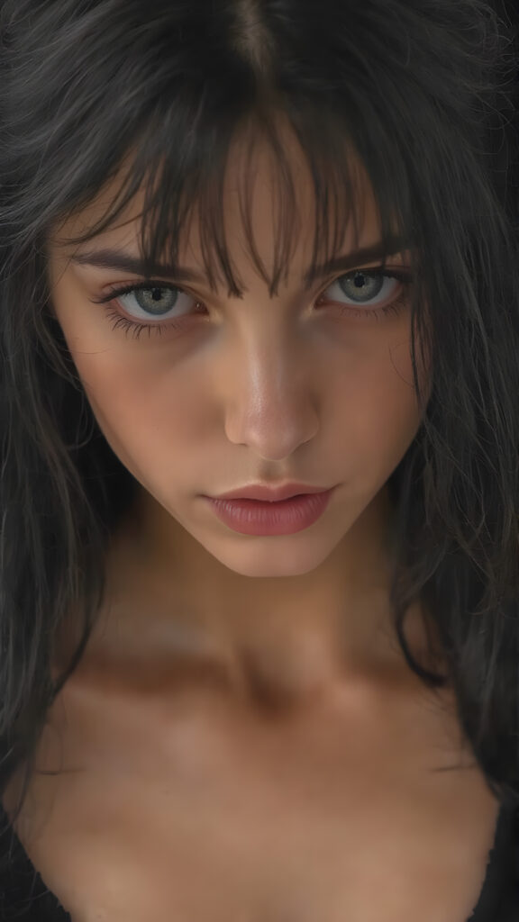 a (((Goddess of Love)) ((seductive look, seductive eyes)) (((super realistic, highly detailed, intricate photography))), capturing a (((beautiful young busty teen girl))) with an extremely defined and detailed face, including (((perfect, detailed obsidian black very long soft hair, bangs)), (((short, v-neck black tank top, mini skirt))) with (sharply contrasting, luxurious black and white details) (subtle yet intricate gothic details)