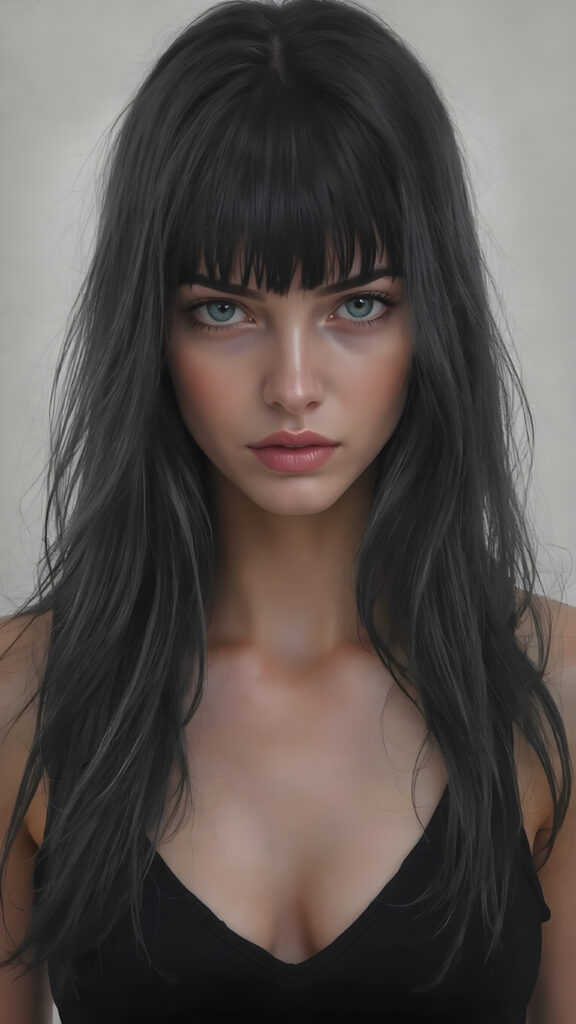 a (((Goddess of Love)) ((seductive look, seductive eyes)) (((super realistic, highly detailed, intricate photography))), capturing a (((beautiful young busty teen girl))) with an extremely defined and detailed face, including (((perfect, detailed obsidian black very long soft hair, bangs)), (((short, v-neck black tank top, mini skirt))) with (sharply contrasting, luxurious black and white details) (subtle yet intricate gothic details)