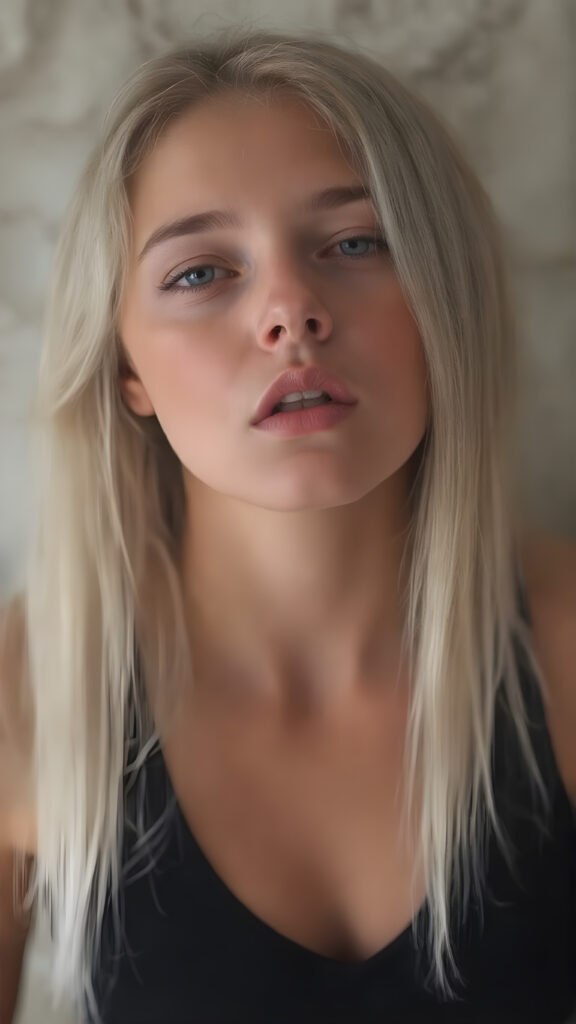 a (((Goddess of Love)) ((seductive look, seductive eyes)) (((super realistic, highly detailed, photography))), capturing a (((beautiful young busty girl))) with an extremely defined and detailed face, including (((perfect, detailed straight jet white blond hair falls down to her back)), (((short cropped black tank top, deep v-neck))), perfect body, wide open mouth, looks up, full closed eyes