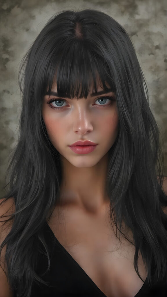 a (((Goddess of Love)) ((seductive look, seductive eyes)) (((super realistic, highly detailed, intricate photography))), capturing a (((beautiful young busty teen girl))) with an extremely defined and detailed face, including (((perfect, detailed obsidian black very long soft hair, bangs)), (((short, v-neck black tank top, mini skirt))) with (sharply contrasting, luxurious black and white details) (subtle yet intricate gothic details)