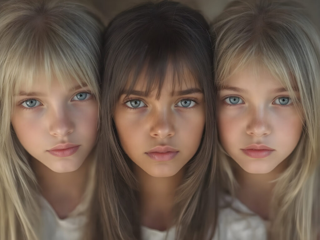 a Group of three very young breathtaking beautiful blond and brunette and black childlike teenage girls, straight hair, detailed realistic, natural backdrop