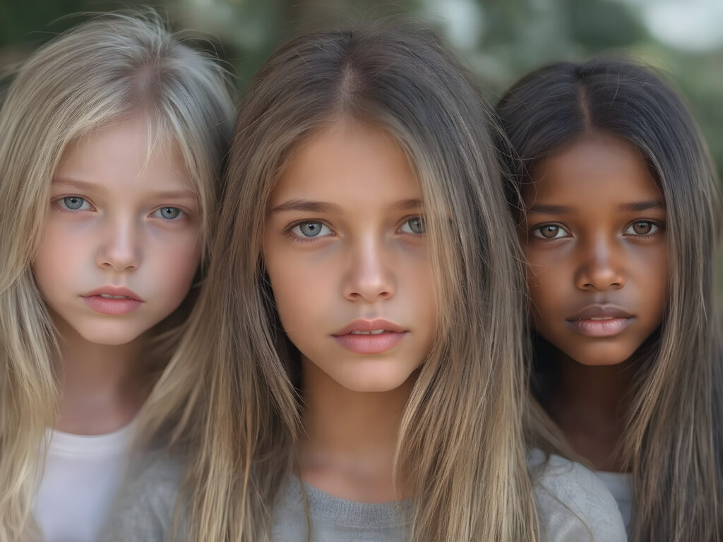 a Group of three very young breathtaking beautiful blond and brunette and black childlike teenage girls, straight hair, detailed realistic, natural backdrop