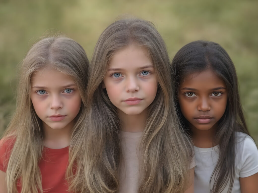 a Group of three very young breathtaking beautiful blond and brunette and black childlike teenage girls, straight hair, detailed realistic, natural backdrop