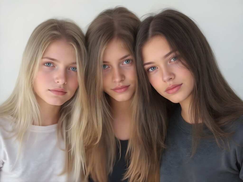 a Group of three very young breathtaking beautiful blond and brunette and black childlike 18yo teenage girls, straight hair