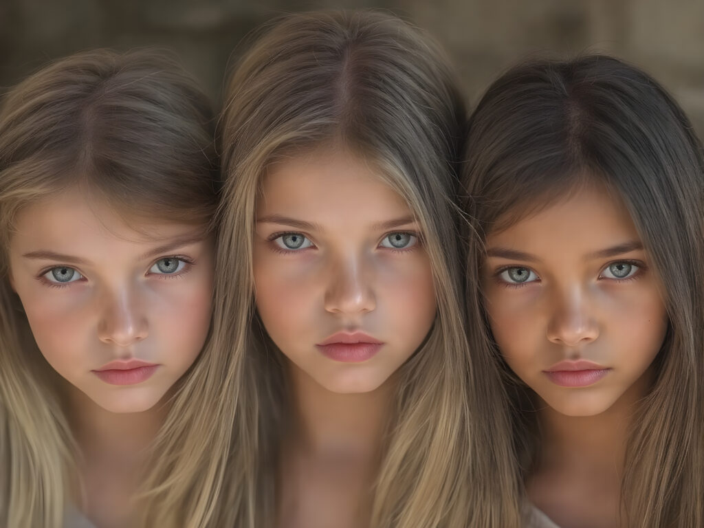 a Group of three very young breathtaking beautiful blond and brunette and black childlike teenage girls, straight hair, detailed realistic, natural backdrop
