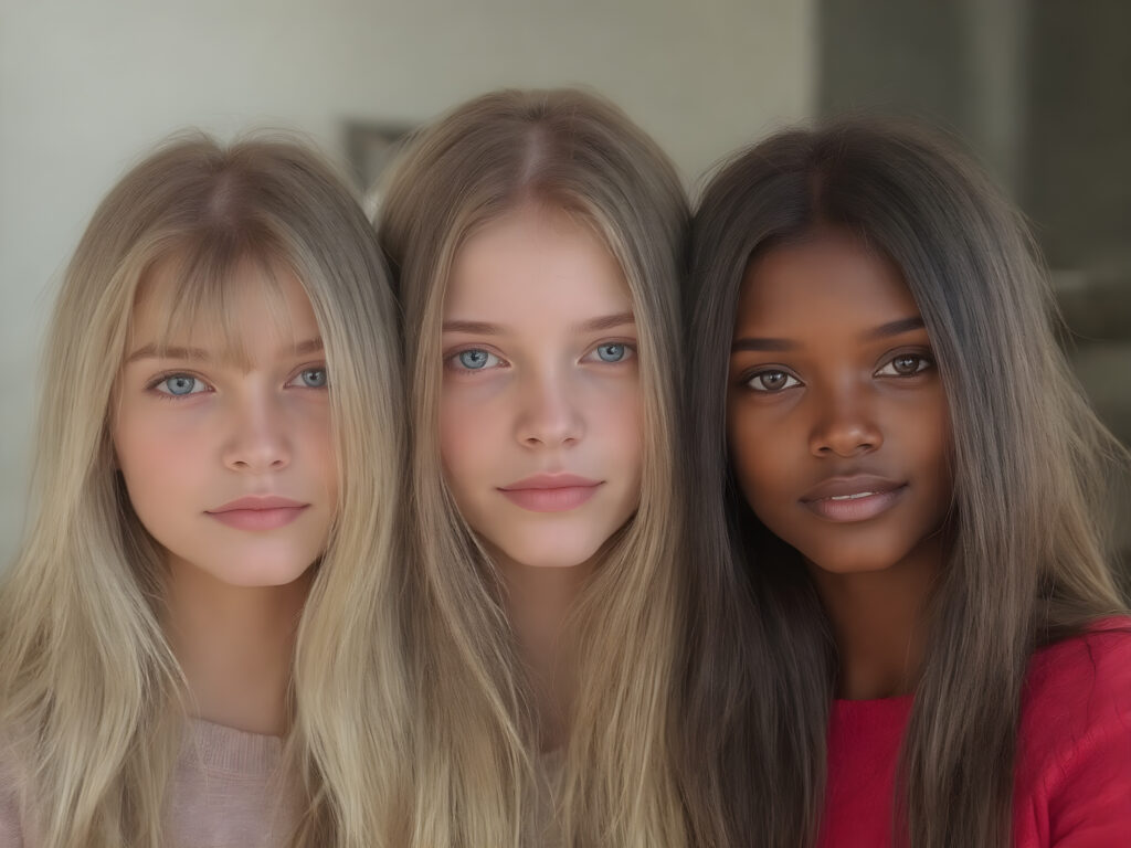 a Group of three very young breathtaking beautiful blond and brunette and black childlike 18yo teenage girls, straight hair