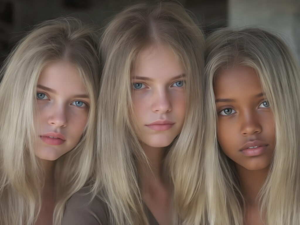 a Group of three very young breathtaking beautiful blond and brunette and black childlike 18yo teenage girls, straight hair