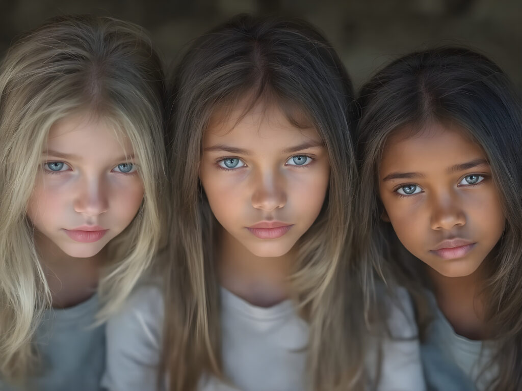 a Group of three very young breathtaking beautiful blond and brunette and black childlike teenage girls, straight hair, detailed realistic, natural backdrop