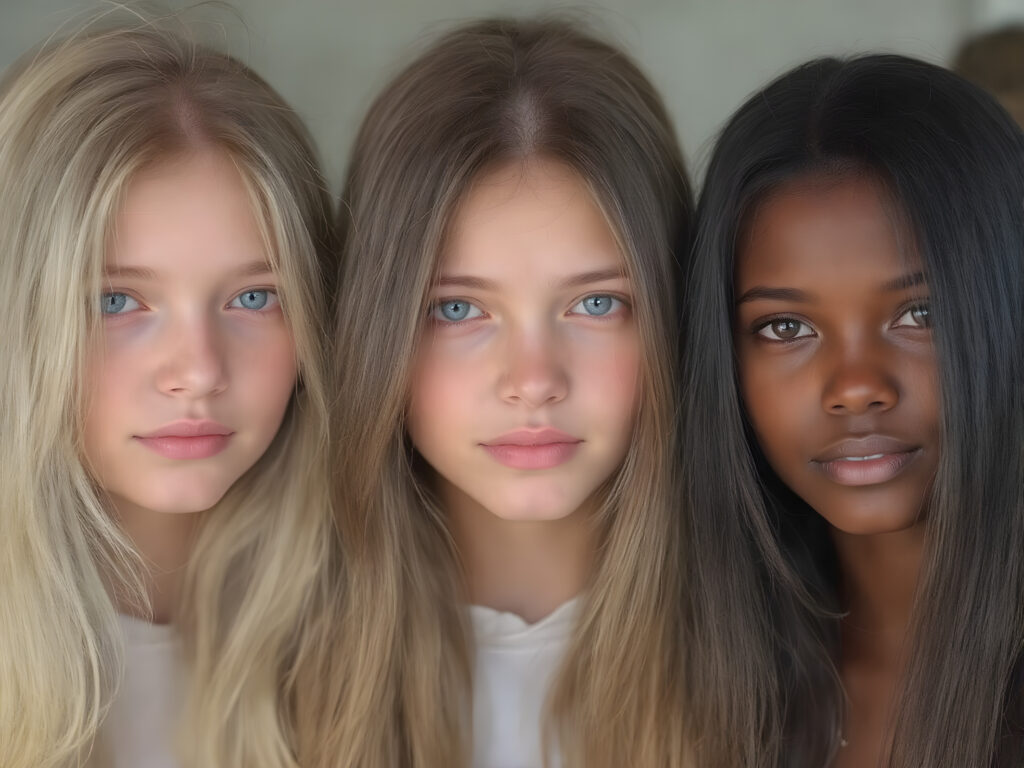 a Group of three very young breathtaking beautiful blond and brunette and black childlike 18yo teenage girls, straight hair