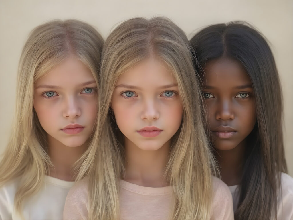 a Group of three very young breathtaking beautiful blond and brunette and black childlike teenage girls, straight hair, detailed realistic, natural backdrop
