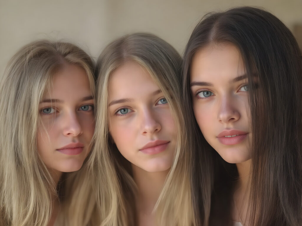 a Group of three very young breathtaking beautiful blond and brunette and black childlike 18yo teenage girls, straight hair