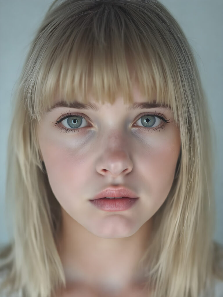 a adult girl she looks very sad and frightened with smooth and straight golden hair, her straight hair falls elegantly over her upper body, bangs and bob cut, perfect makeup, red lips, black eyebrows, small perfect nose and realistic green eyes. She has a flawless beautiful round face, very detailed and realistic, her head is centered in the photo, open mouth and white teeth