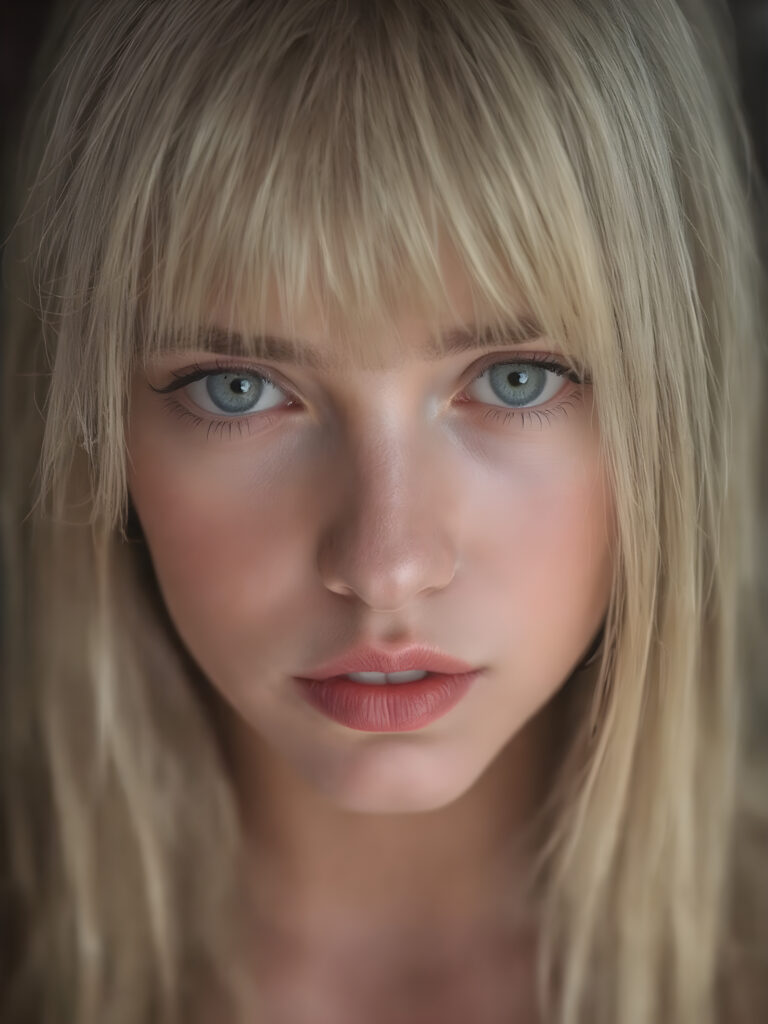 a adult girl she looks very sad and frightened with smooth and straight golden hair, her straight hair falls elegantly over her upper body, bangs and bob cut, perfect makeup, red lips, black eyebrows, small perfect nose and realistic green eyes. She has a flawless beautiful round face, very detailed and realistic, her head is centered in the photo, open mouth and white teeth
