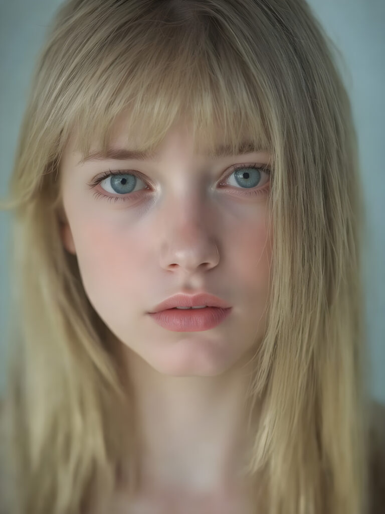 a adult girl she looks very sad and frightened with smooth and straight golden hair, her straight hair falls elegantly over her upper body, bangs and bob cut, perfect makeup, red lips, black eyebrows, small perfect nose and realistic green eyes. She has a flawless beautiful round face, very detailed and realistic, her head is centered in the photo, open mouth and white teeth