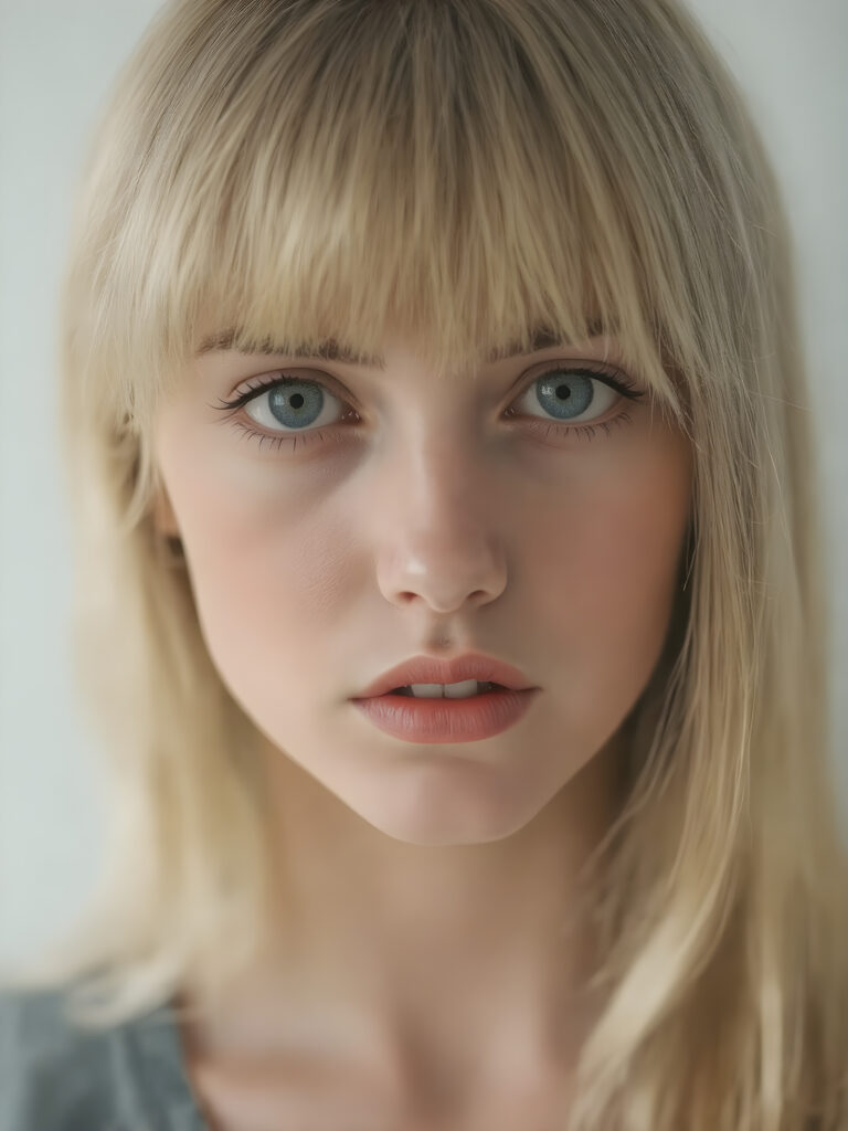 a adult girl she looks very sad and frightened with smooth and straight golden hair, her straight hair falls elegantly over her upper body, bangs and bob cut, perfect makeup, red lips, black eyebrows, small perfect nose and realistic green eyes. She has a flawless beautiful round face, very detailed and realistic, her head is centered in the photo, open mouth and white teeth