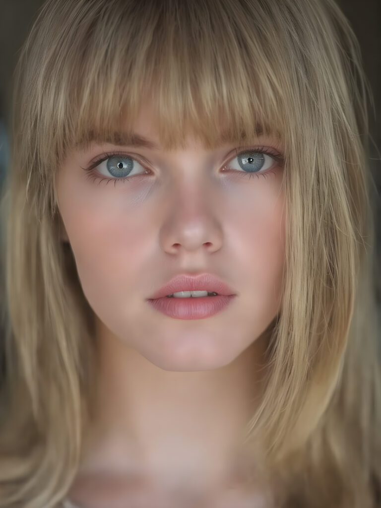 a adult girl she looks very sad and frightened with smooth and straight golden hair, her straight hair falls elegantly over her upper body, bangs and bob cut, perfect makeup, red lips, black eyebrows, small perfect nose and realistic green eyes. She has a flawless beautiful round face, very detailed and realistic, her head is centered in the photo, open mouth and white teeth
