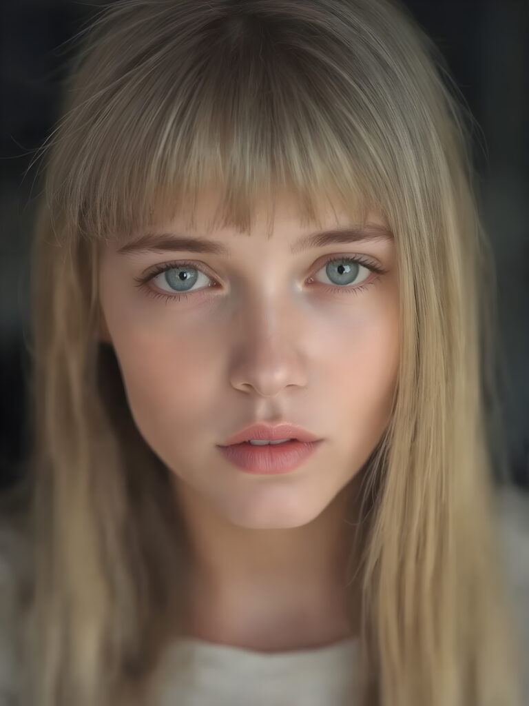 a adult girl she looks very sad and frightened with smooth and straight golden hair, her straight hair falls elegantly over her upper body, bangs and bob cut, perfect makeup, red lips, black eyebrows, small perfect nose and realistic green eyes. She has a flawless beautiful round face, very detailed and realistic, her head is centered in the photo, open mouth and white teeth