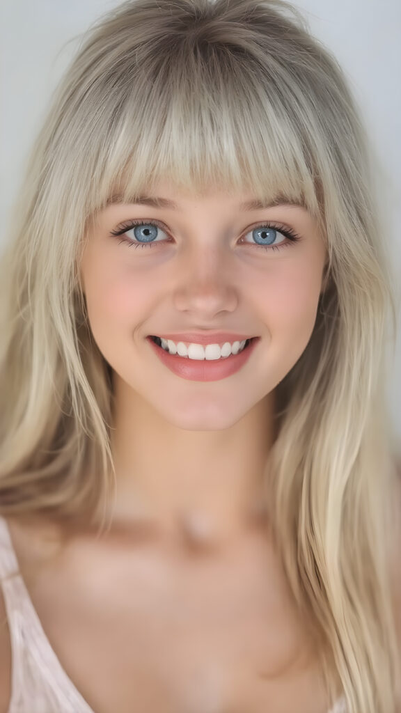 a (((beautiful girl looks like a cute doll))), she smile, open mouth and white teeth, with ((long, straight white hair, bangs)), and ((big, expressive, bright, natural light blue eyes)), that convey a sense of youthful allure. Her ((skin is flawless)). She's ((busty)), with ((big, round, full, slightly parted lips that add to her enchanting smile)). Her ((almond skin)) adds to her ((natural beauty)), with ((mini low-cut v-neck tank top, perfect and cute detailed belly button)), light grey studio backdrop, ( Hyper-detailed Warm tones Dramatic lighting Cinematic )