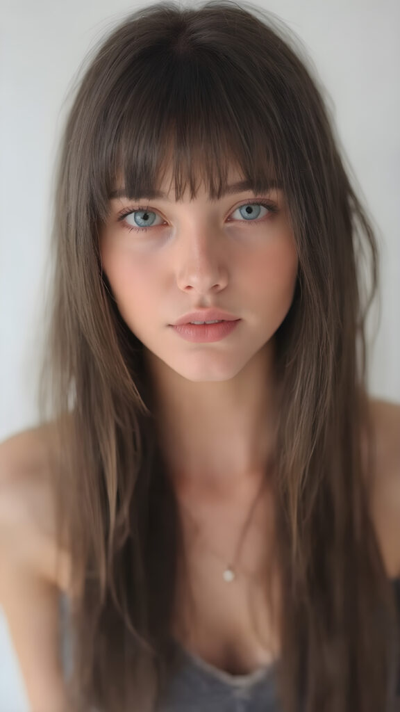 a (((beautiful girl looks like a doll))), with ((long, straight black hair, bangs)), and ((big, expressive, bright, natural light blue eyes)), that convey a sense of youthful allure. Her ((skin is flawless)). She's ((busty)), with ((big, round, full, slightly parted lips that add to her enchanting smile)). Her ((almond skin)) adds to her ((natural beauty)), with ((mini low-cut v-neck tank top, perfect and cute detailed belly button)), light grey studio backdrop, ( Hyper-detailed Warm tones Dramatic lighting Cinematic )