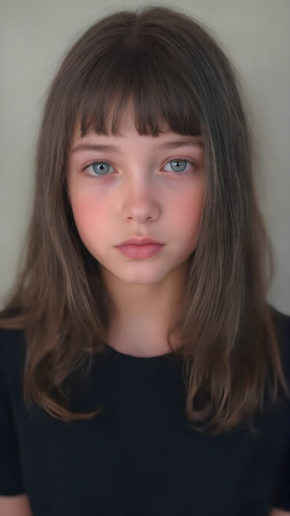 a beautiful (((young innocent girl))), with straight, (((long, black hair))), that softly curls into (vividly colored) bangs, framing a round face she's got big, bright, playful eyes that are captivating and inviting. Her lips are full and painted in (deep red) lipstick, complemented by (shades of pink) eyeshadow that accentuate her cheeks and add a pop of color to her overall look. Her skin is (pale white) , she's got beautiful, (brightly coloured) cheeks and (glowing) lips that add a pop of colour to her overall look. She wears a black oversized t-shirt