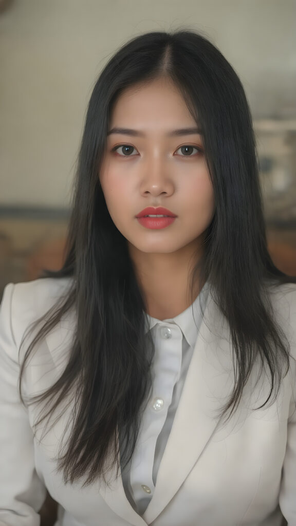 a (((beautiful young Asian woman))), with (((long, straight black hair))), and (((red full plump lips))), dressed in a ((white, sleek business suit)), inclusive of a matching ((white shirt)), (((black tie))), and luxurious ((black leather gloves)) for an elegant, yet casual look. She holds a ((small, sleek white handbag)) with a ((gold, engraved clasp)) on the strap that reflects light like a diamond. Her (((skin is exuding (soft, realistic imperfections) that only add to her youthful features)), with (((white skin))), (((straight, natural nose))), and (((full, plump lips))), which together create a youthful, serene atmosphere. (((She is seated in a (crying, tears wet her cheeks))), but her (((glove is elegantly tied on her hands))), and her (((pale, soft white skin))), along with (((extremely long, softly curved, black straight hair))), and (((vividly red, straight lips))), which are just barely parted.