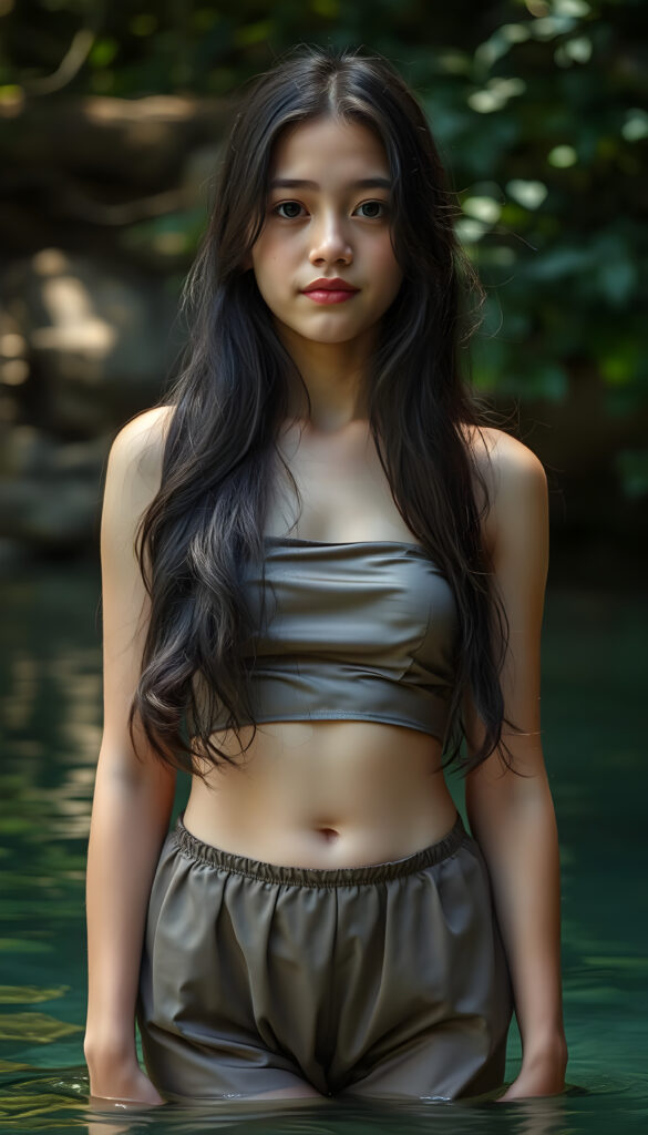 a (((beautiful young girl))), with long, black, wavy hair cascading down her shoulders, standing confidently in a crystal clear (((natural spring))), her face turned bashfully towards the camera, wearing a delicate, sleek (((silk crop top))), along with a playful, (round, short mini skirt) that accentuates her figure